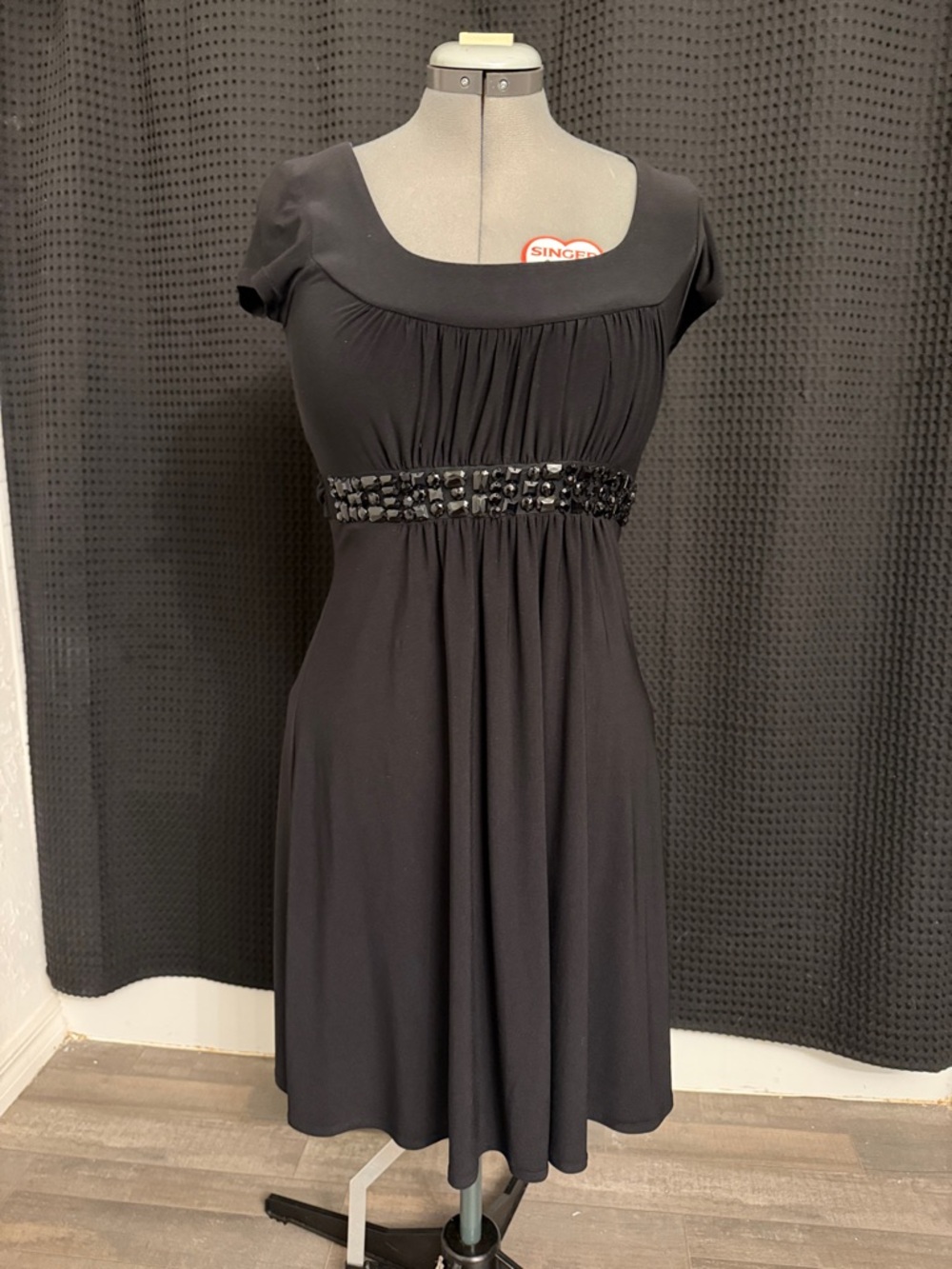 Bisou Bisou Black Short Sleeve Empire Waist Midi Dress with Beaded Band